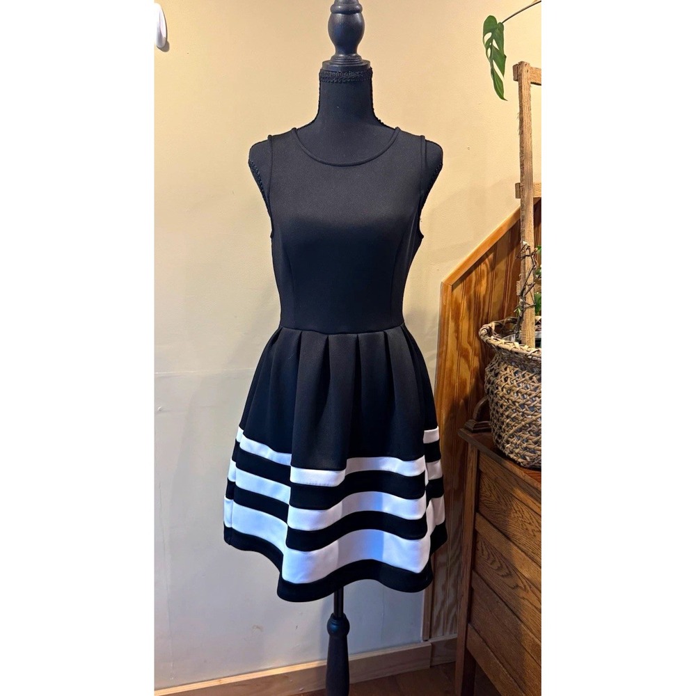 Apt. 9 Fit & Flare Dress Pleated Striped Scoop Neck Sleeveless Black White 6
